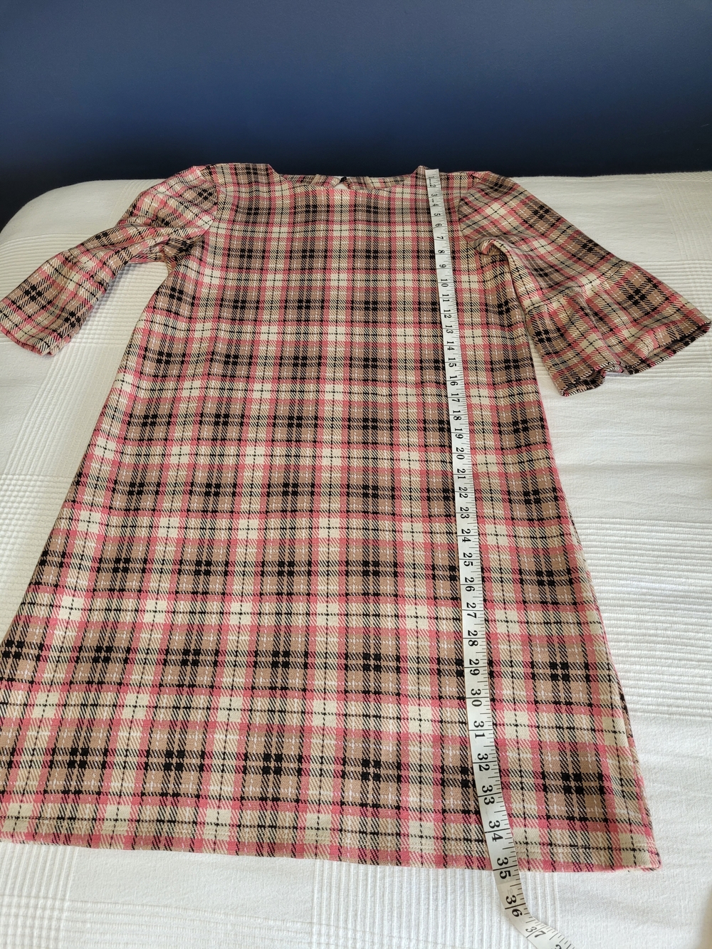 🍂 Twik Simons Pink Plaid Bell Sleeve Shift Dress Size L - EUC - Picture 10 of 11